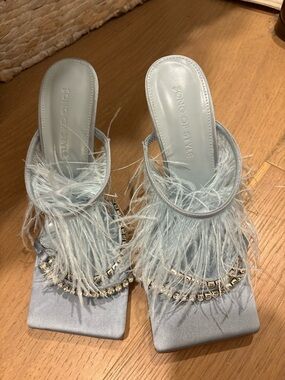 Song of Style light blue feather and crystal mules